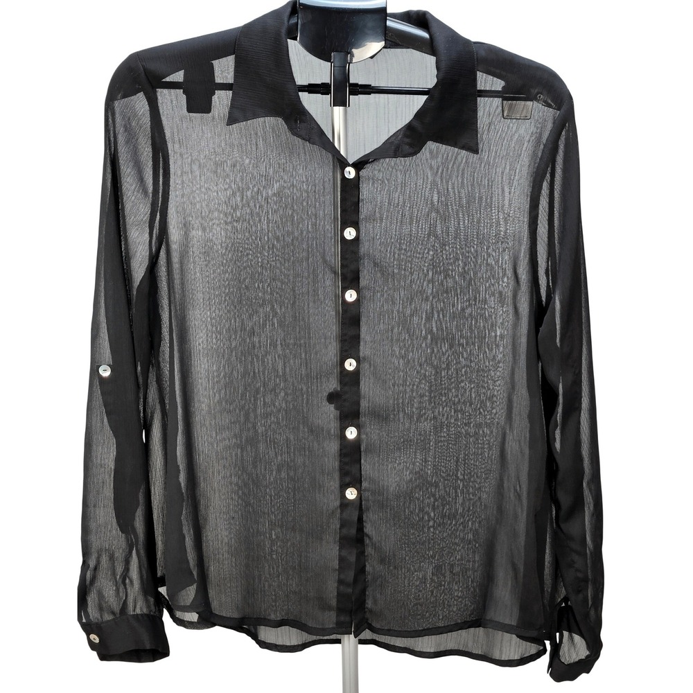 Women's Living Doll Large Black Sheer Crinkle Button‎ Down Roll Tab Sleeve Shirt
